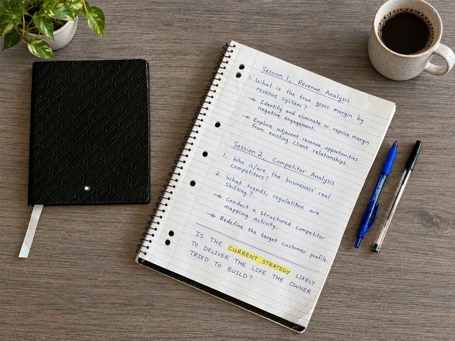Handwritten session notes from a Health Check, mapping revenue analysis and competitor analysis questions.